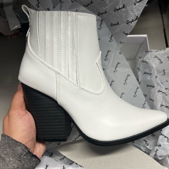 White Vegan Leather Cowboy Ankle Boots - Picture 12 of 13